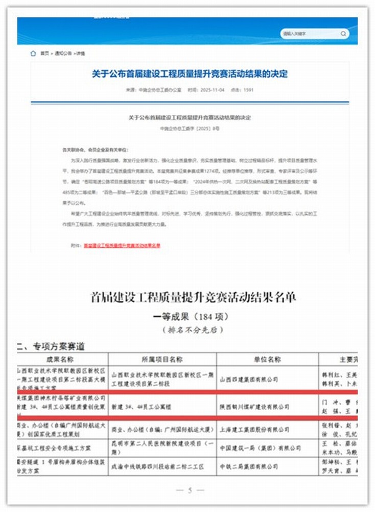 喜讯！emc网页版登录建设铜煤公司斩获全国首届建设工程质量竞赛一等成果