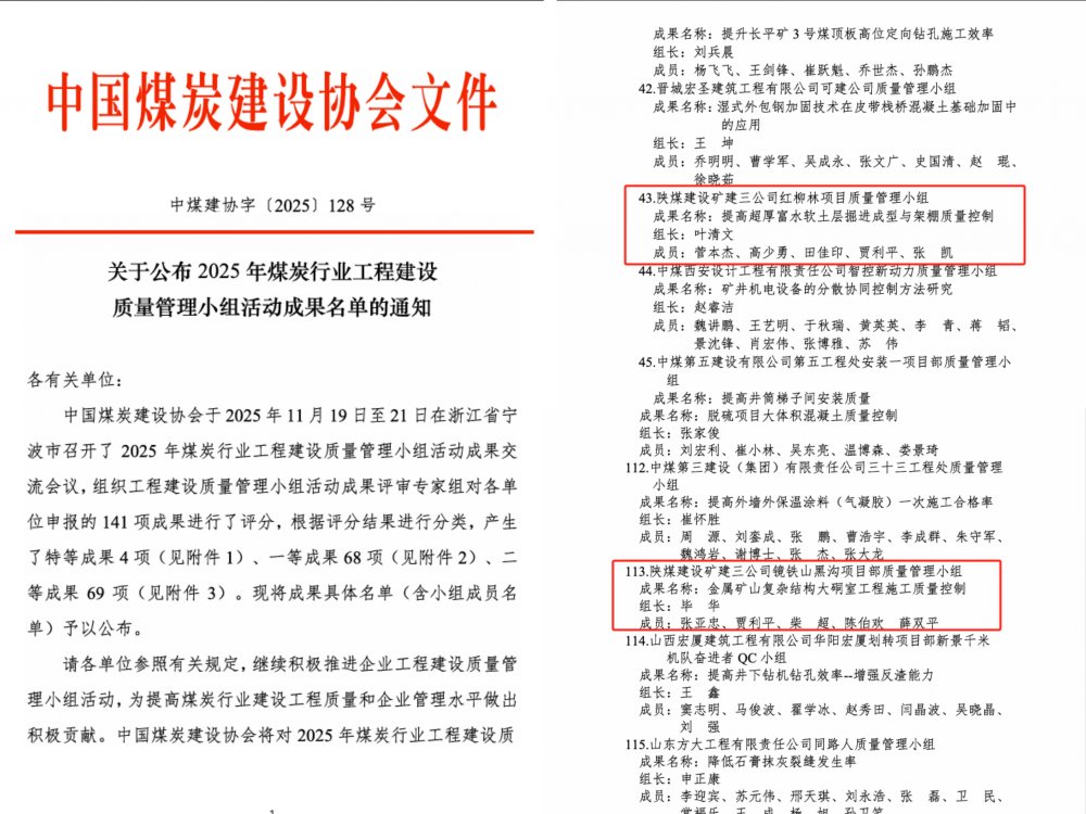 emc网页版登录建设矿建三公司：2项QC成果斩获煤炭建设行业殊荣